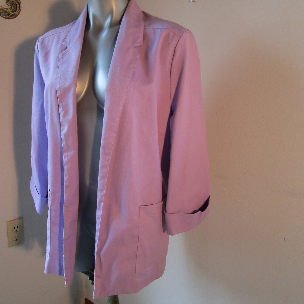 Lavender cotton-poly blazer lab jacket open front, lg pockets cuff sleeves